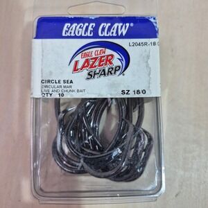 Eagle Claw Lazer Sharp Circle Sea Hooks Size 18/0 L2045R-18/0 10 Count USA Made